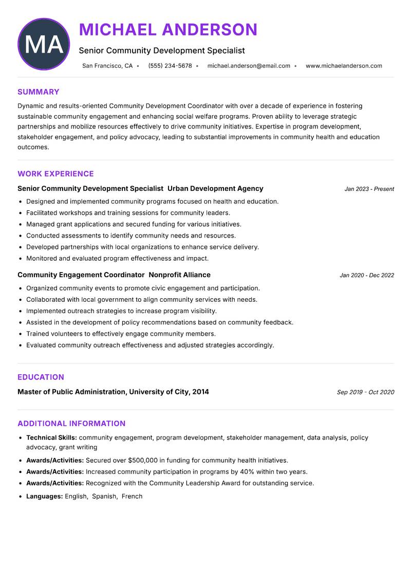 Community Development Coordinator Resume Preview Example
