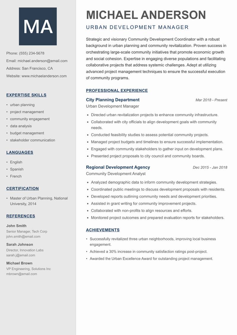 Community Development Coordinator Resume Preview Example