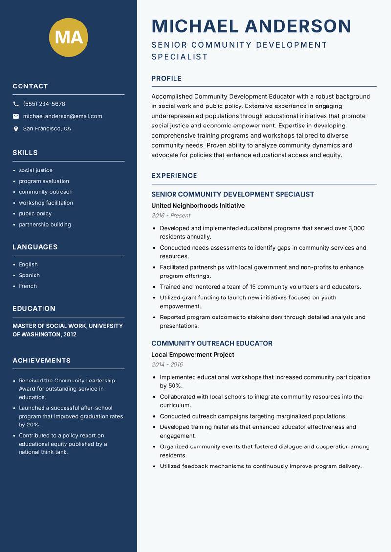 Community Development Educator Resume Preview Example