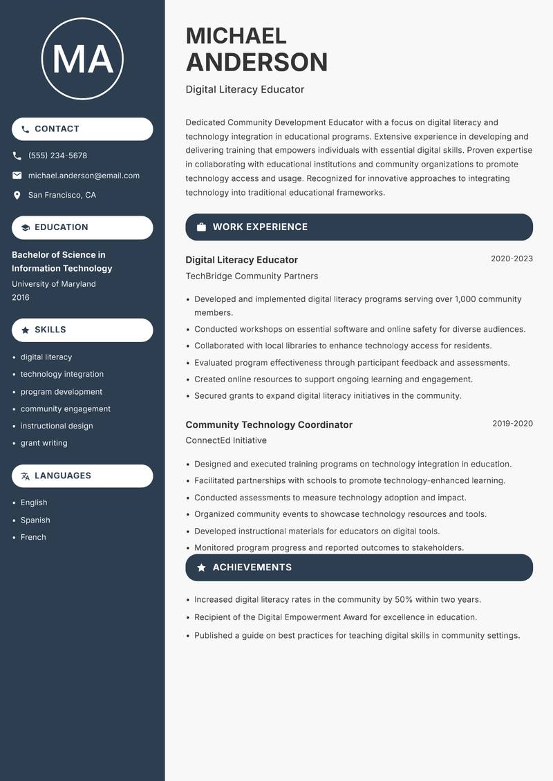 Community Development Educator Resume Preview Example