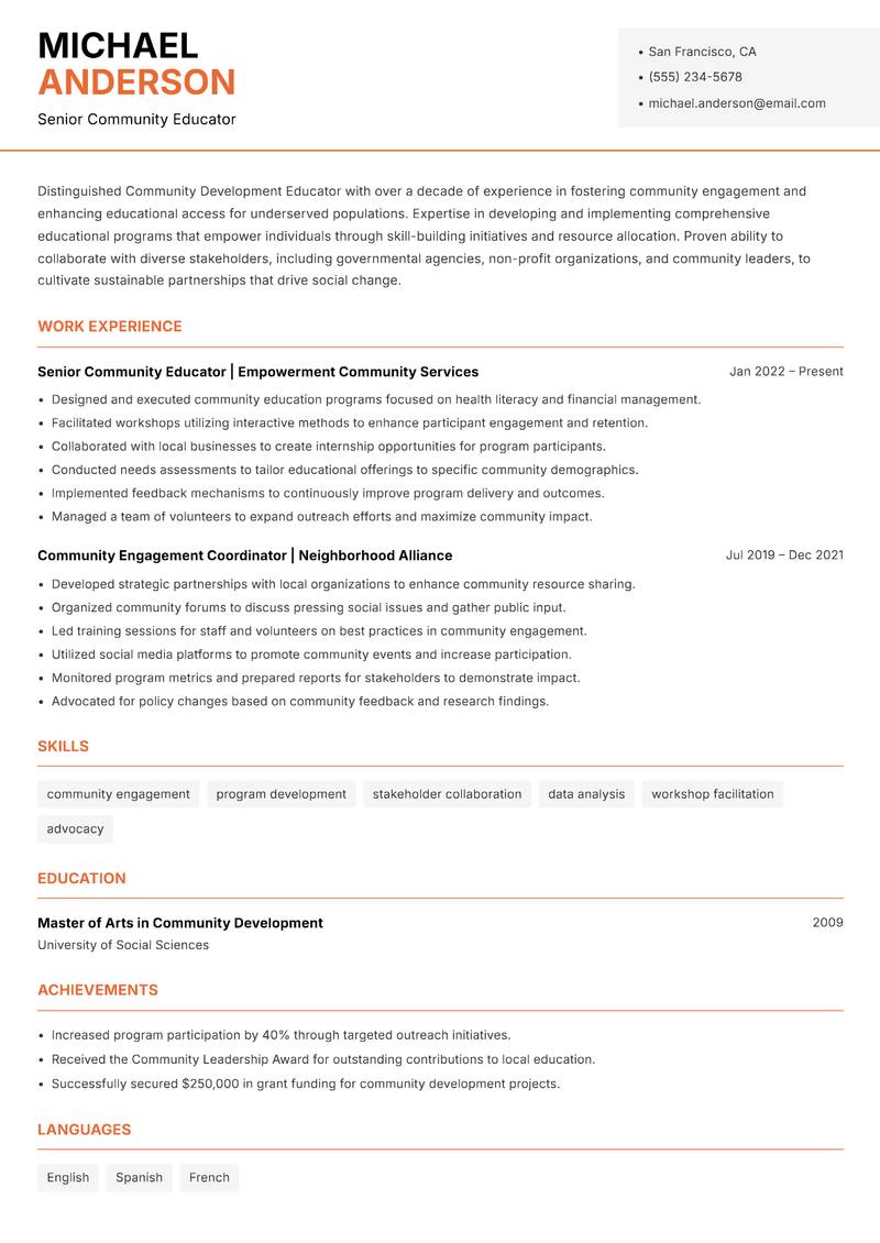 Community Development Educator Resume Template