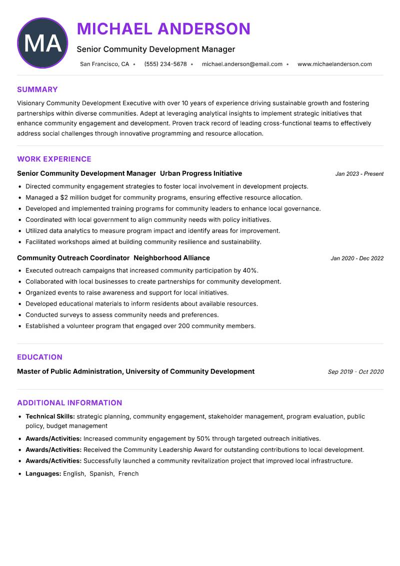 Community Development Executive Resume Preview Example