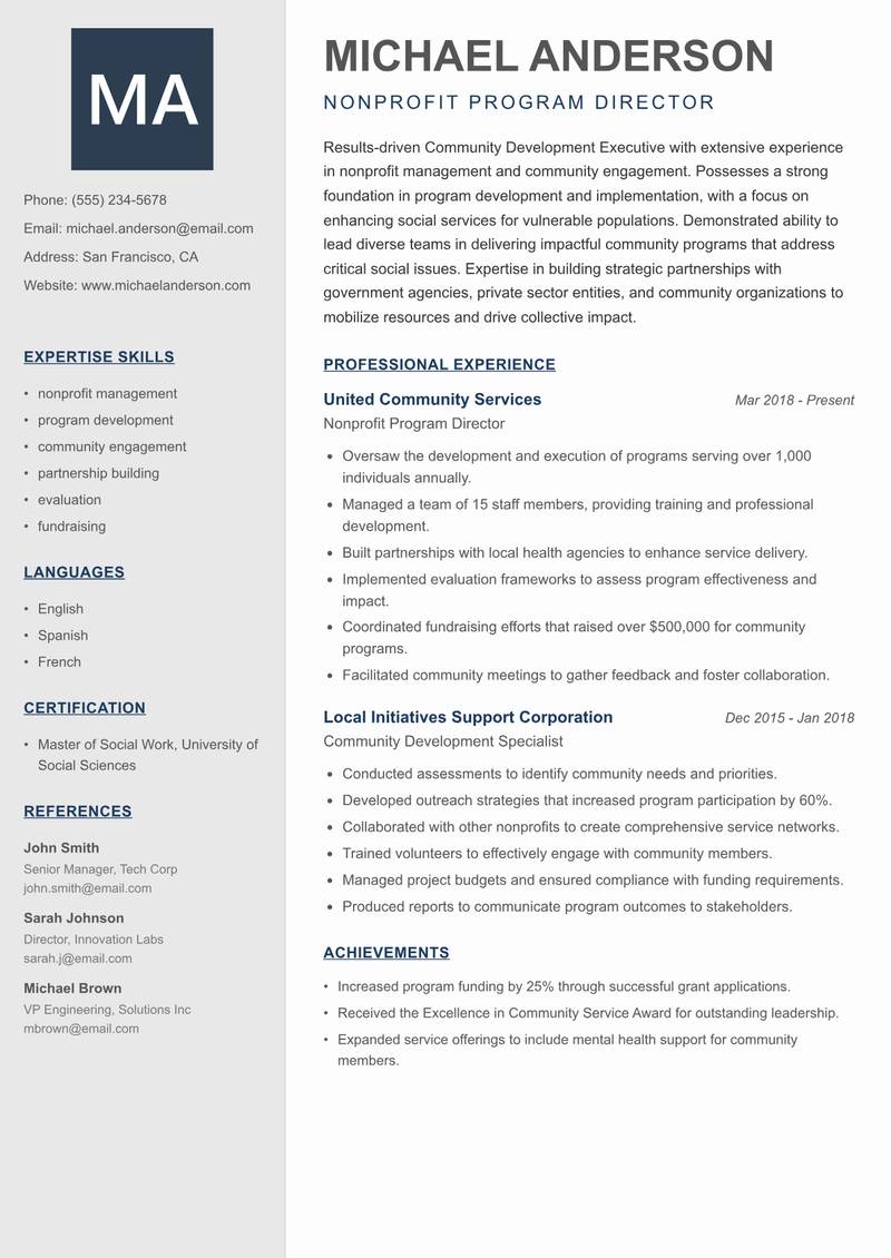Community Development Executive Resume Preview Example