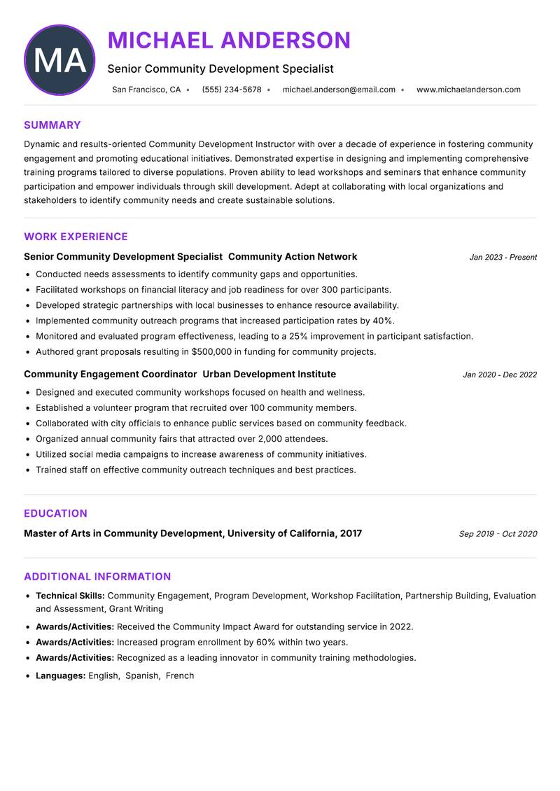 Community Development Instructor Resume Preview Example