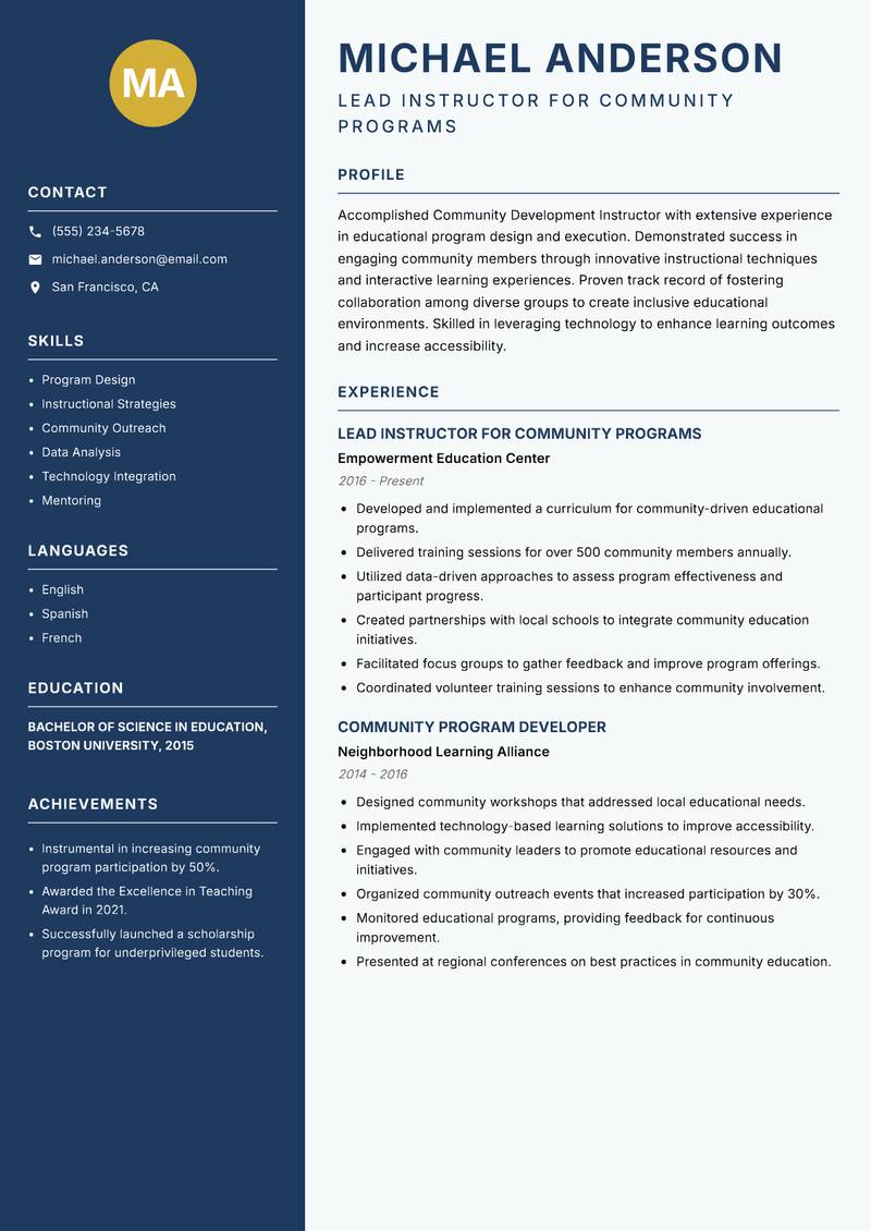 Community Development Instructor Resume Preview Example
