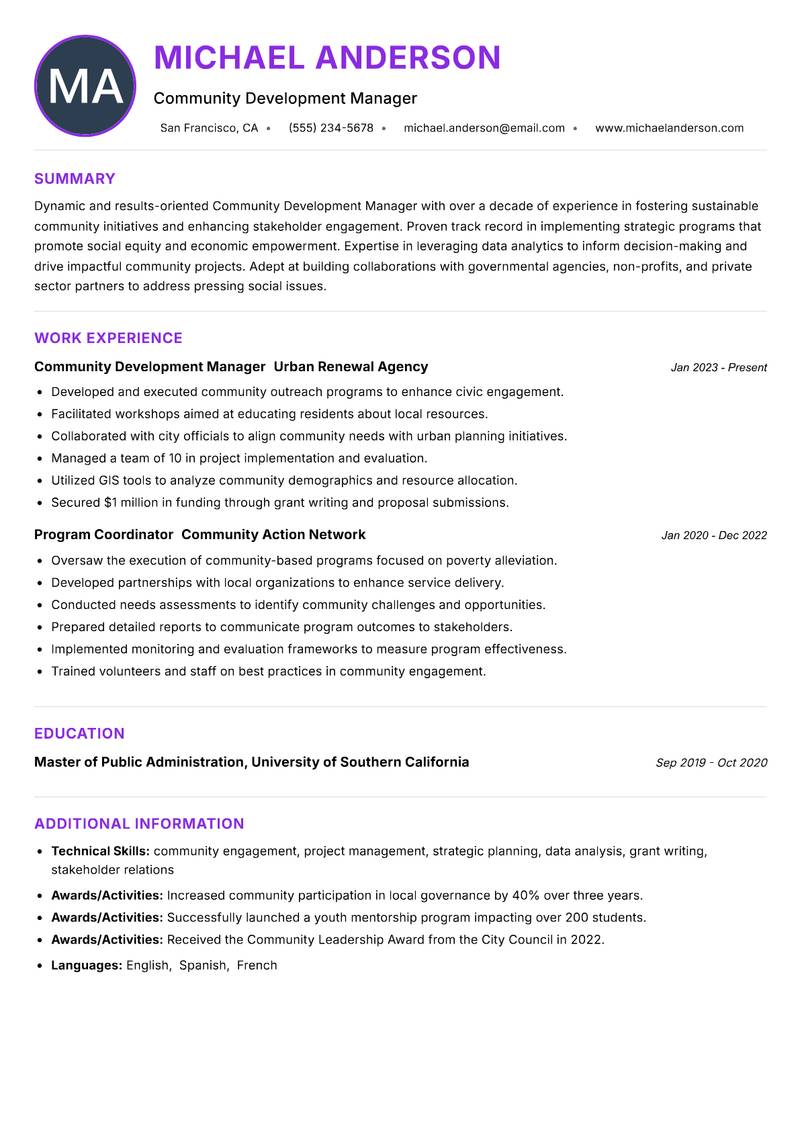 Community Development Manager Resume Preview Example