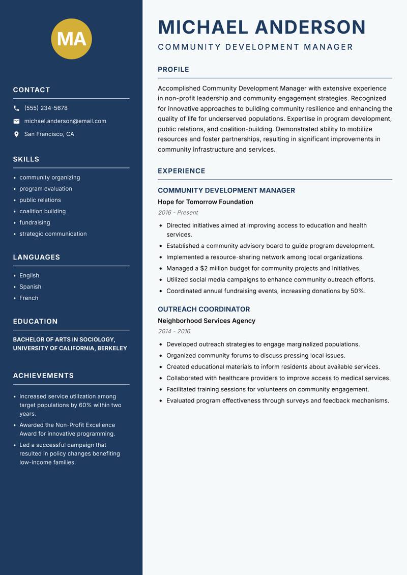 Community Development Manager Resume Preview Example