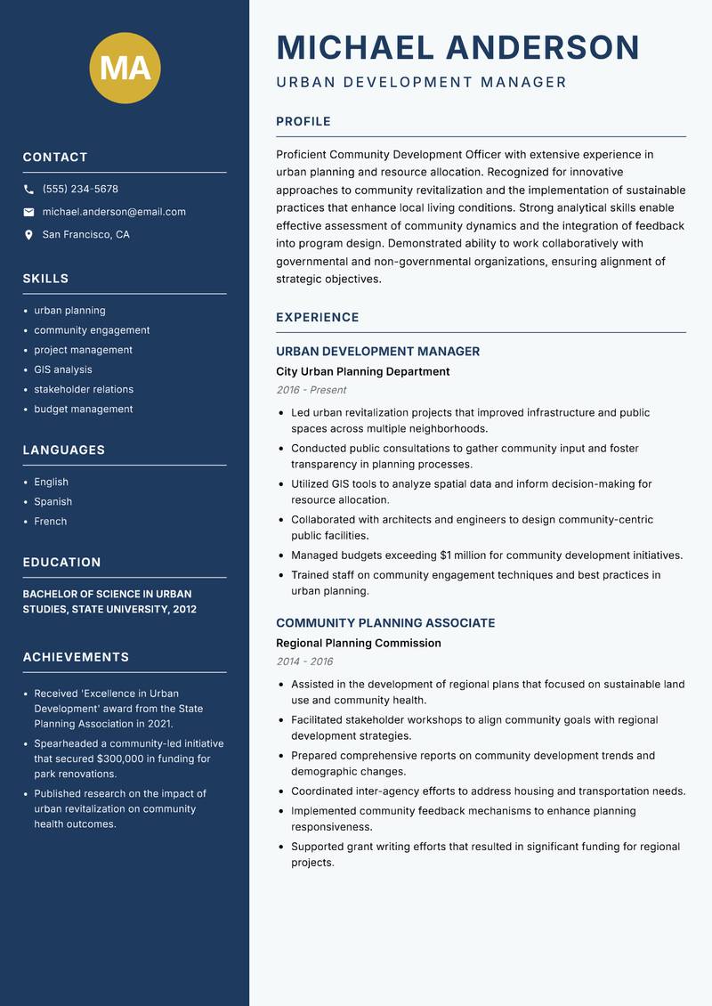 Community Development Officer Resume Preview Example