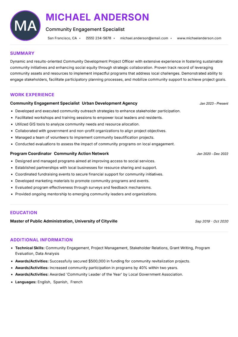 Community Development Project Officer Resume Preview Example