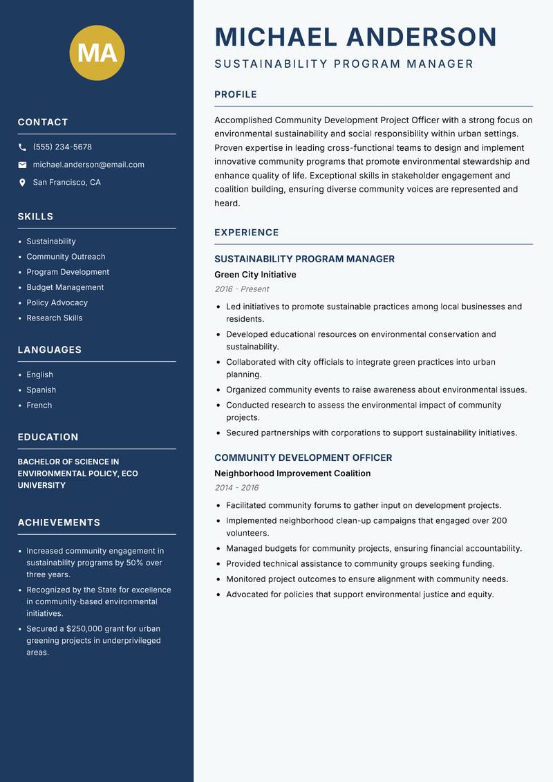 Community Development Project Officer Resume Preview Example