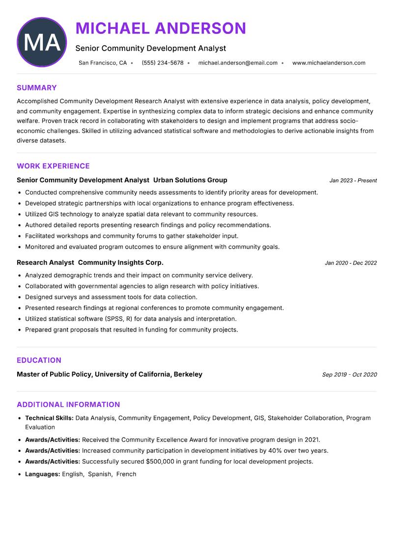 Community Development Research Analyst Resume Preview Example