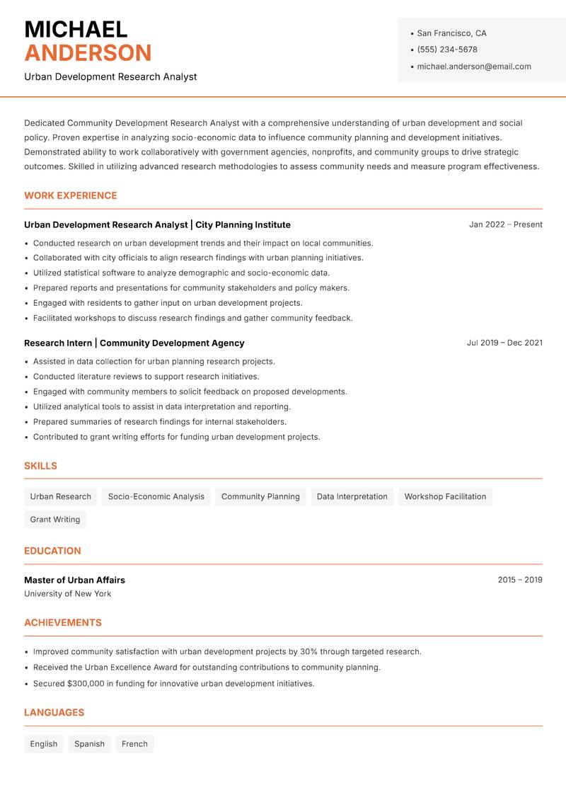 Community Development Research Analyst Resume Template