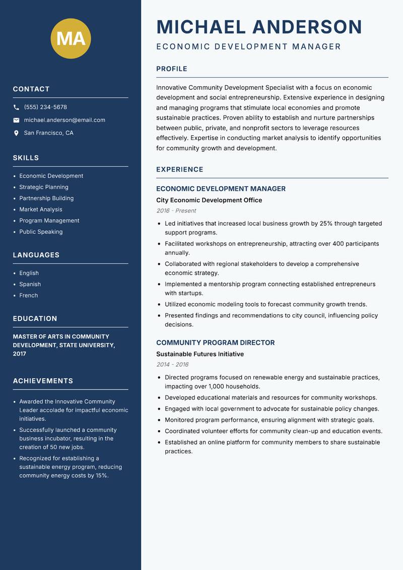 Community Development Specialist Resume Preview Example