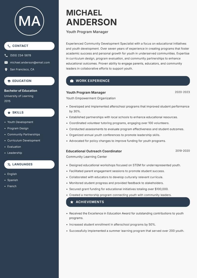Community Development Specialist Resume Preview Example