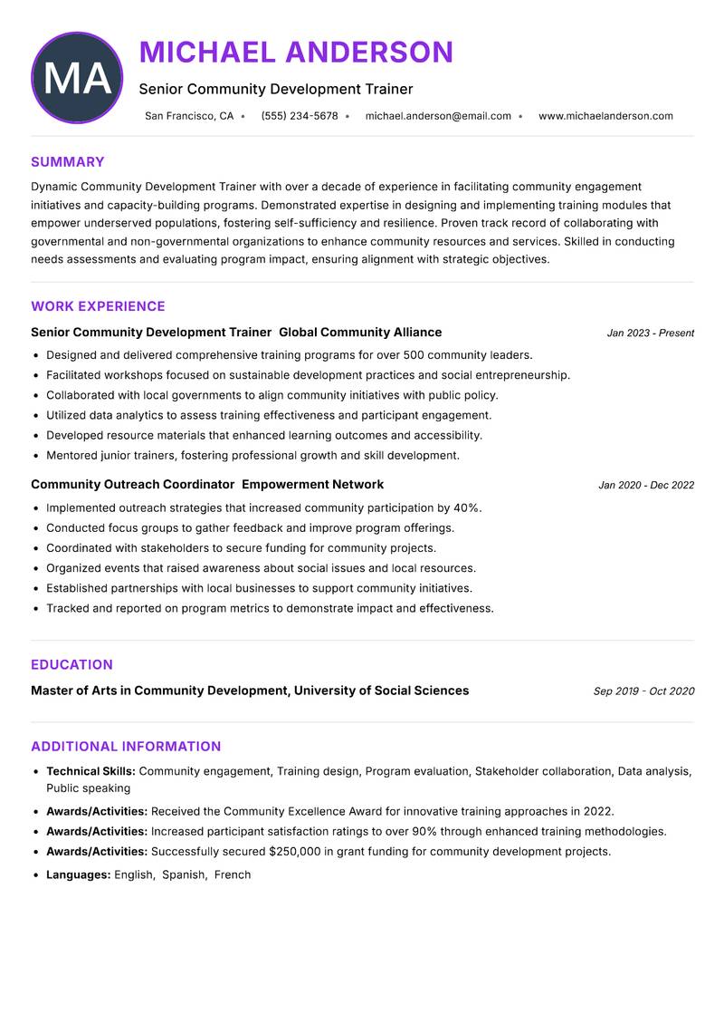 Community Development Trainer Resume Preview Example