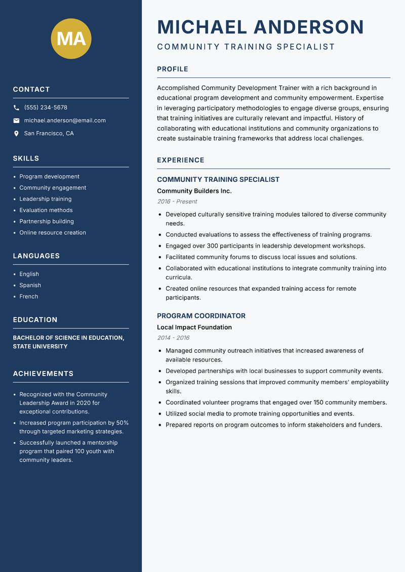 Community Development Trainer Resume Preview Example