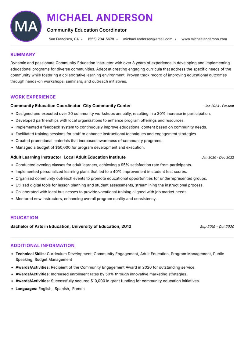 Community Education Instructor Resume Preview Example