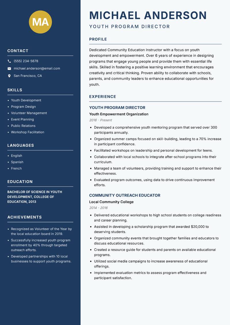 Community Education Instructor Resume Preview Example