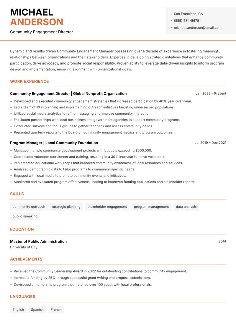 Community Engagement Manager Resume Template