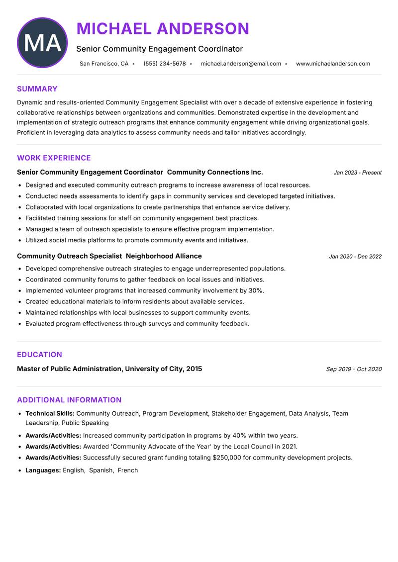 Community Engagement Specialist Resume Preview Example