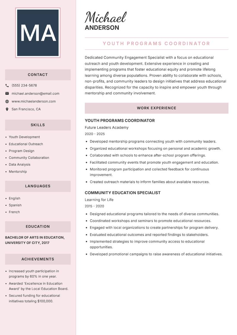 Community Engagement Specialist Resume Preview Example