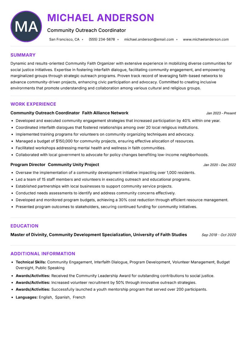 Community Faith Organizer Resume Preview Example
