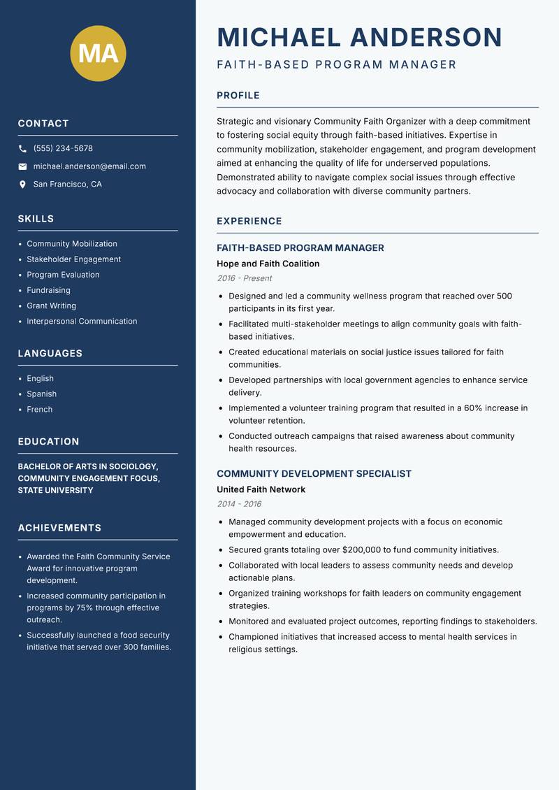 Community Faith Organizer Resume Preview Example