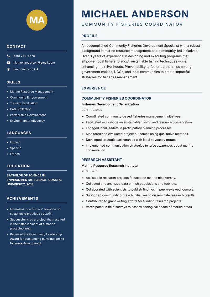 Community Fisheries Development Specialist Resume Preview Example