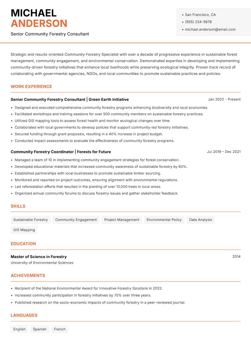 Community Forestry Specialist Resume Template