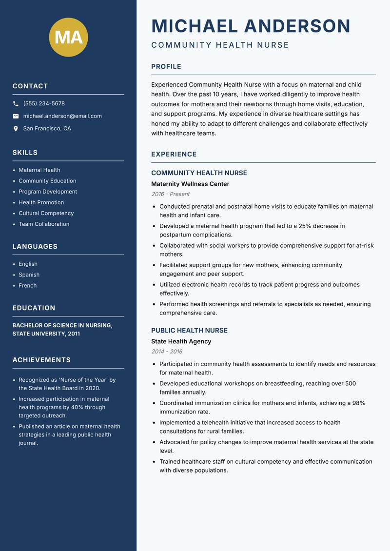 Community Health Nurse Resume Preview Example