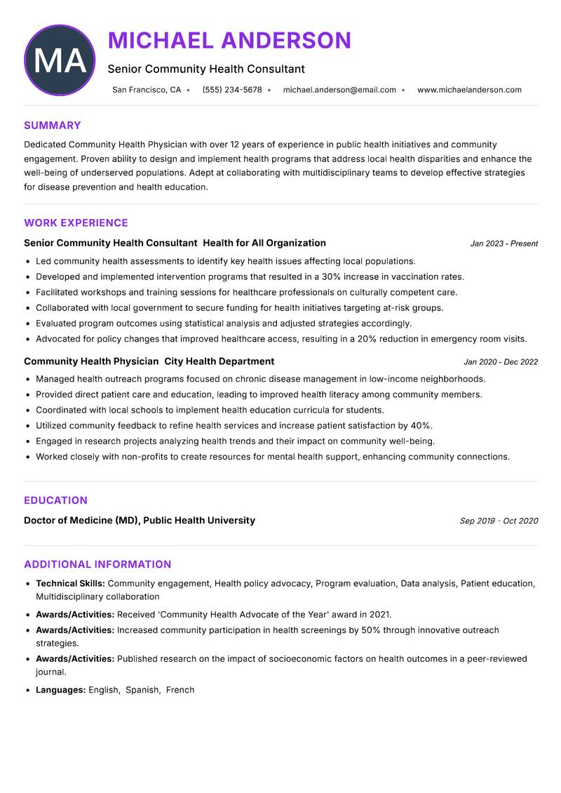 Community Health Physician Resume Preview Example