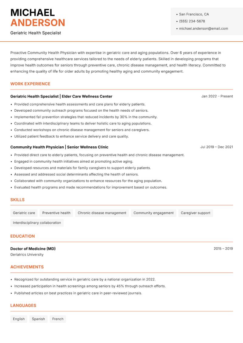Community Health Physician Resume Template