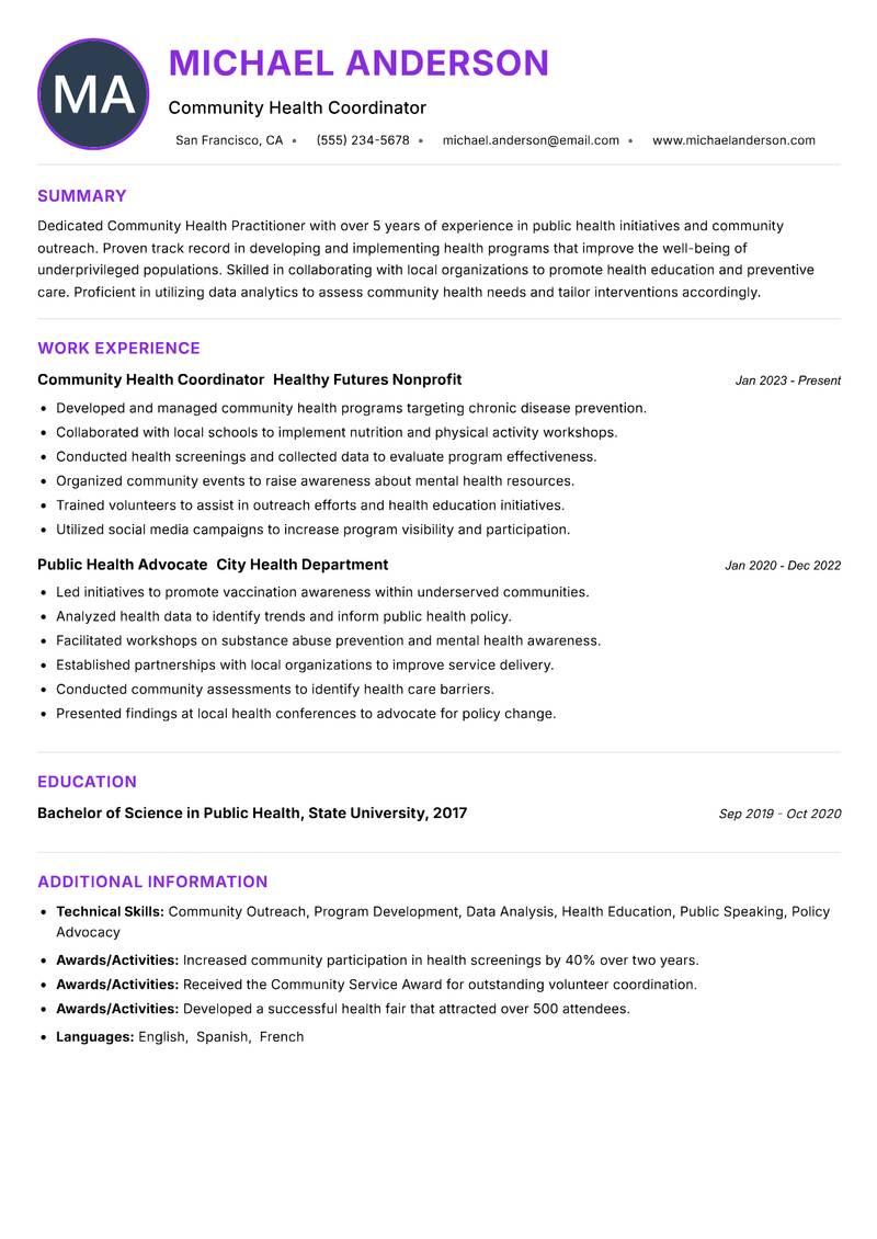 Community Health Practitioner Resume Preview Example