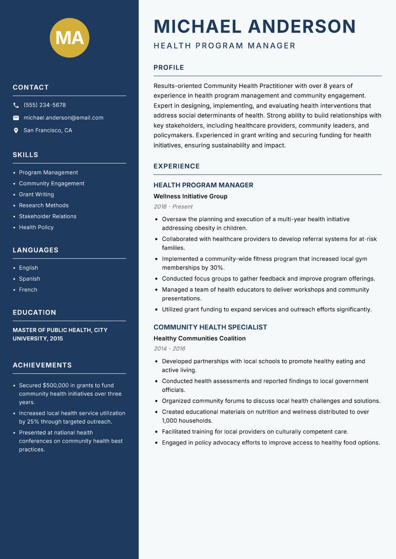 Community Health Practitioner Resume Preview Example