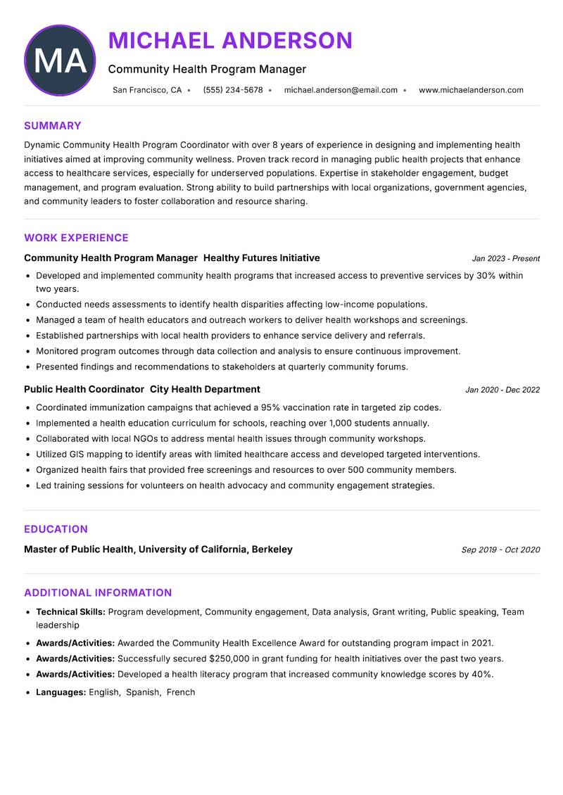 Community Health Program Coordinator Resume Preview Example