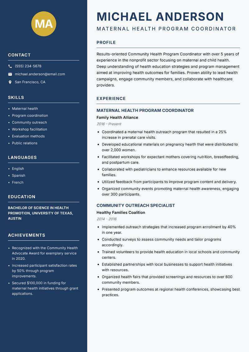 Community Health Program Coordinator Resume Preview Example