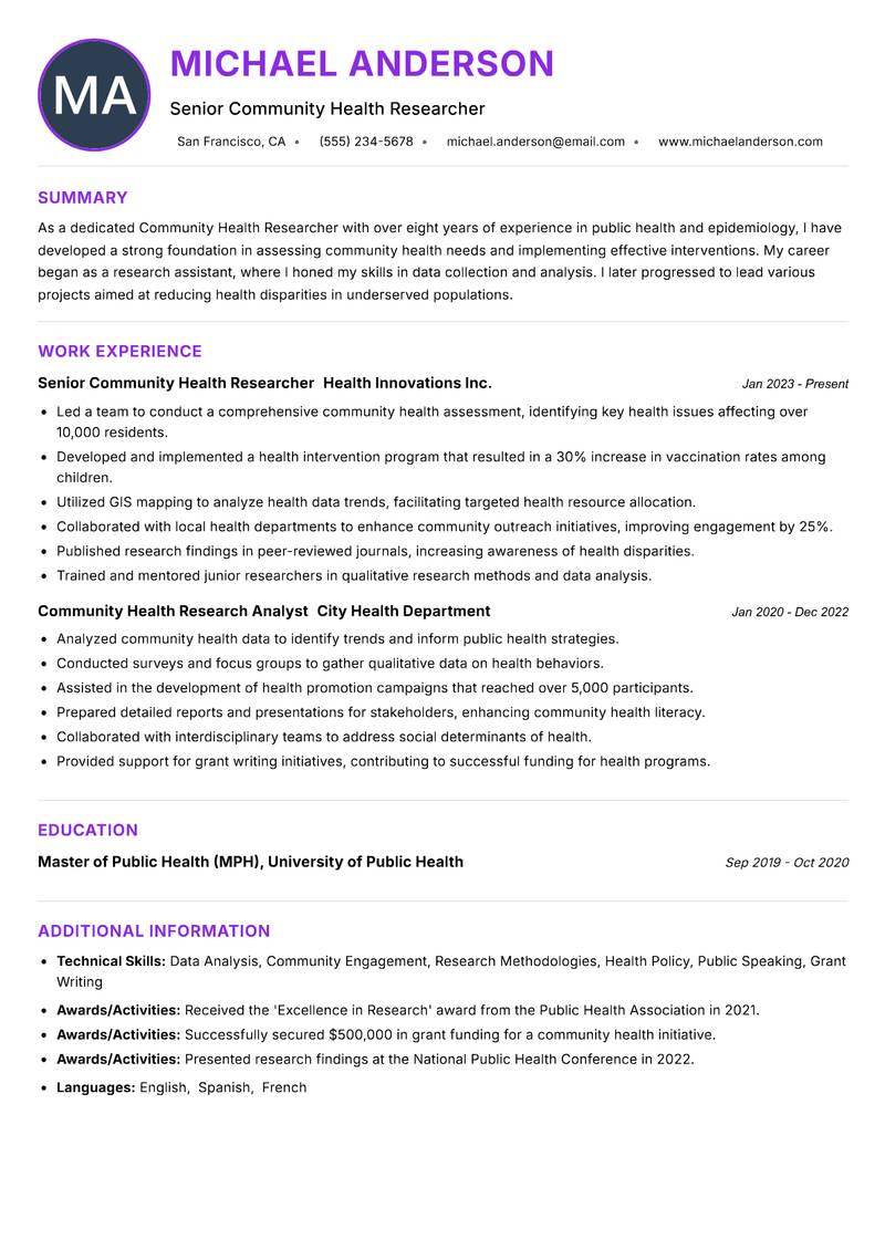 Community Health Researcher Resume Preview Example