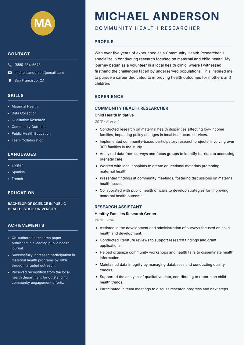 Community Health Researcher Resume Preview Example