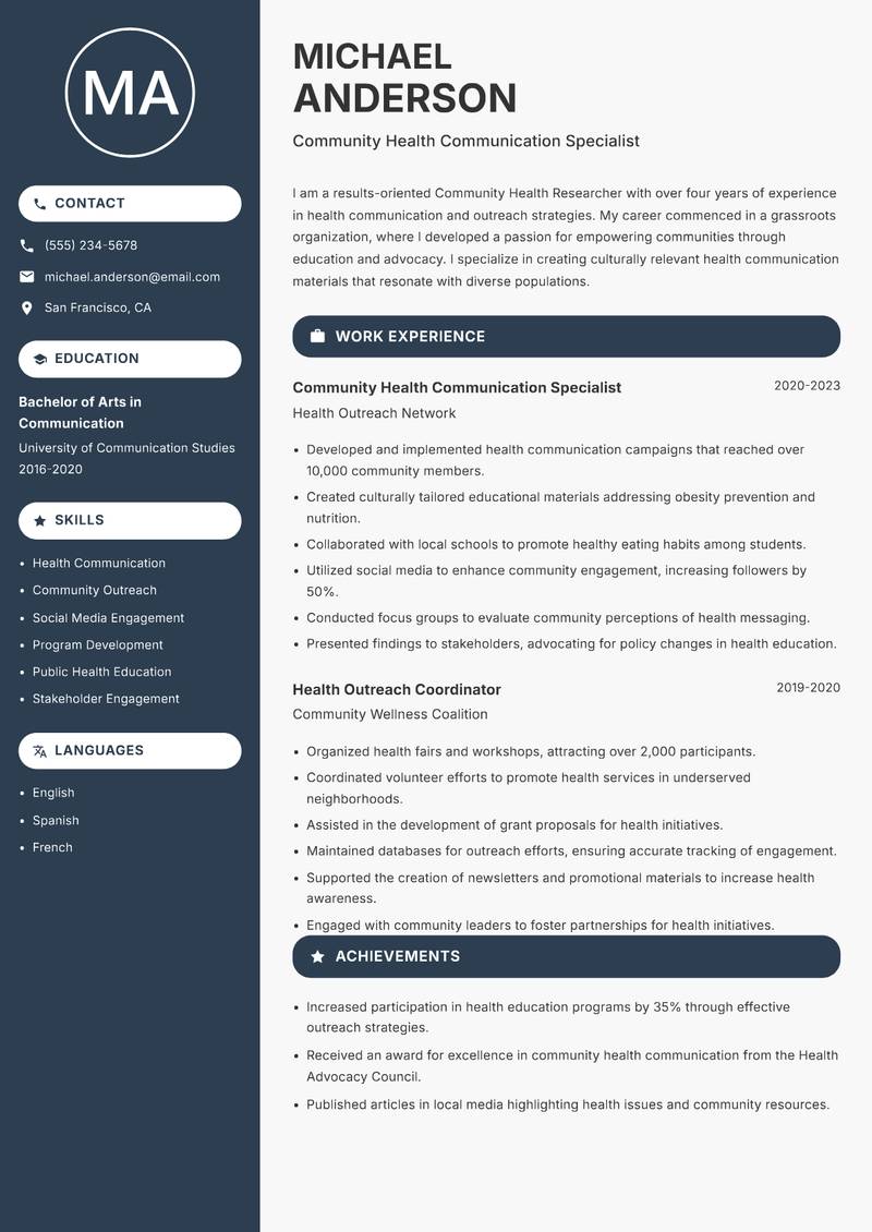 Community Health Researcher Resume Preview Example