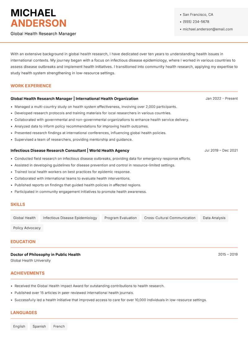 Community Health Researcher Resume Template