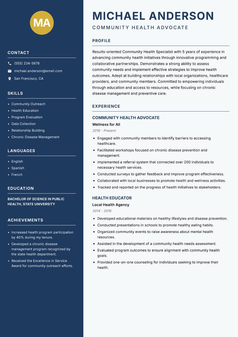 Community Health Specialist Resume Preview Example