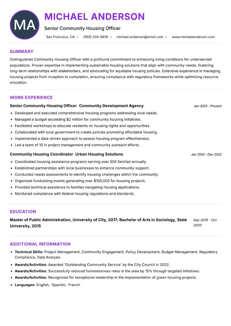 Community Housing Officer Resume Preview Example