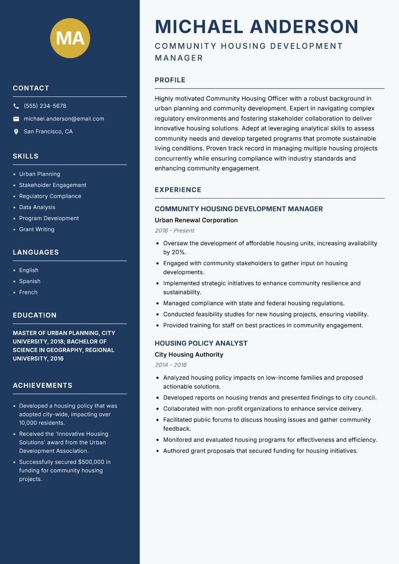 Community Housing Officer Resume Preview Example