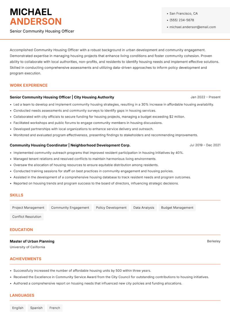 Community Housing Officer Resume Template