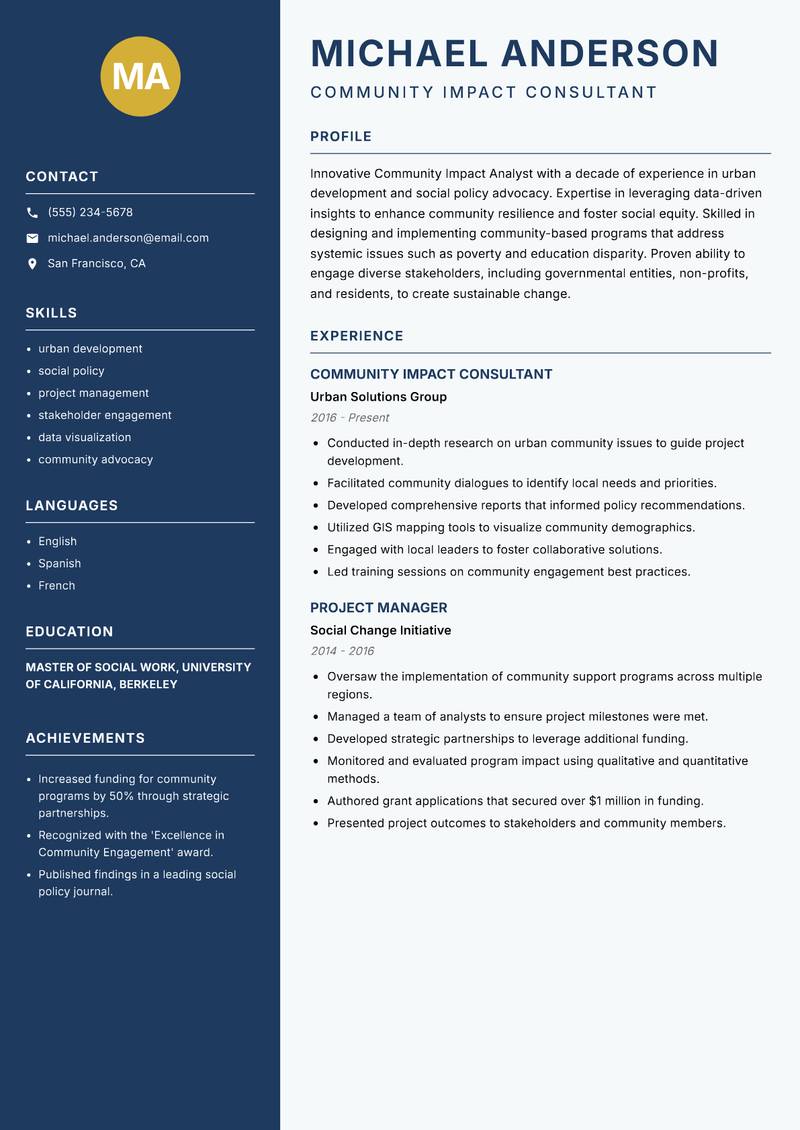 Community Impact Analyst Resume Preview Example
