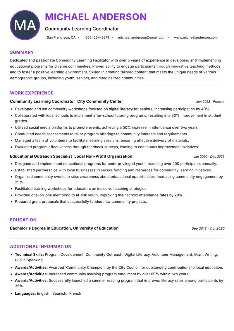 Community Learning Facilitator Resume Preview Example