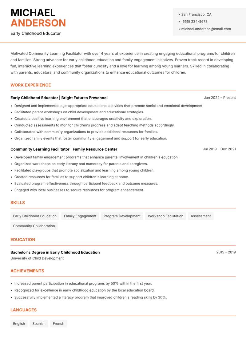 Community Learning Facilitator Resume Template