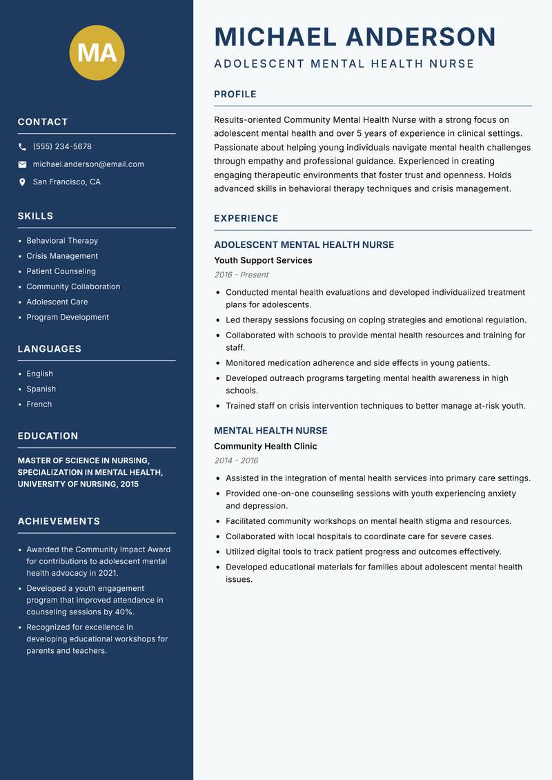Community Mental Health Nurse Resume Preview Example