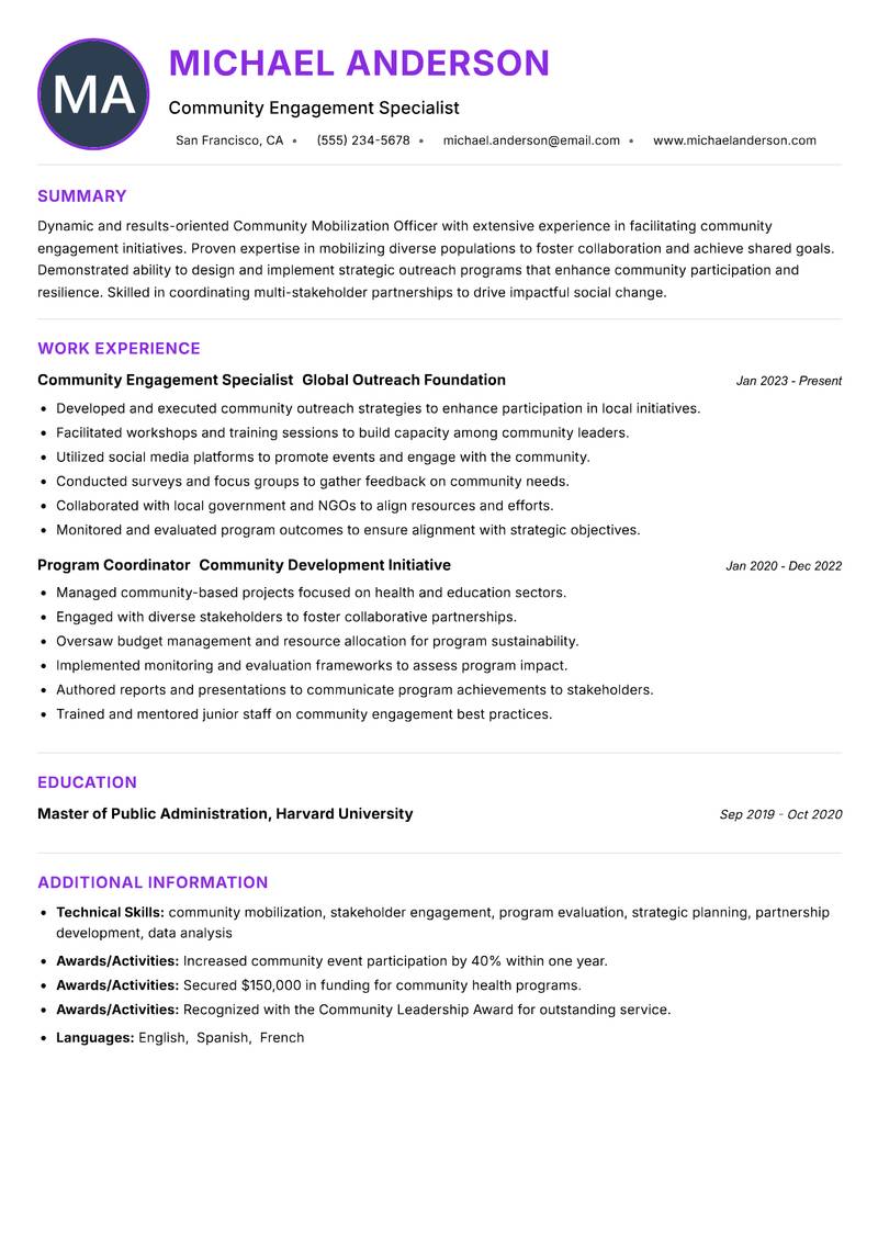 Community Mobilization Officer Resume Preview Example