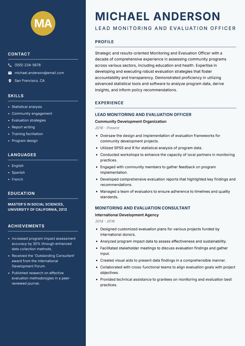 Community Monitoring and Evaluation Officer Resume Preview Example